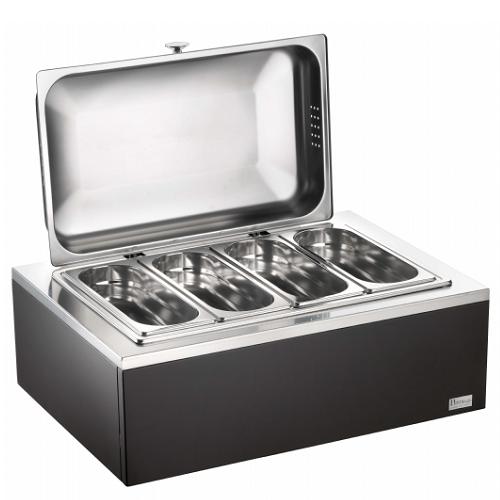 Мармит настольный (чефиндиш) 4-мя GN1/4, подогрев.,с фиксатором для крышки, на дерев.подставке венге Мармит настольный (чефиндиш) 4-мя GN1/4, подогрев.,с фиксатором для крышки, на дерев.подставке венге