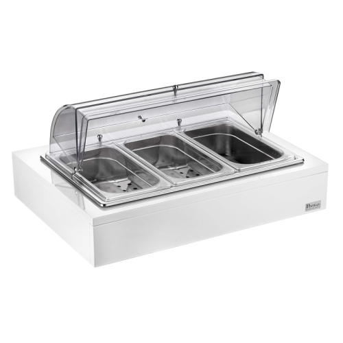 Мармит настольный (чефиндиш) GN1/1 с крышкой Roll Top c 3мя GN1/3 п/к на дерев.подставке, цвет белый Мармит настольный (чефиндиш) GN1/1 с крышкой Roll Top c 3мя GN1/3 п/к на дерев.подставке, цвет белый